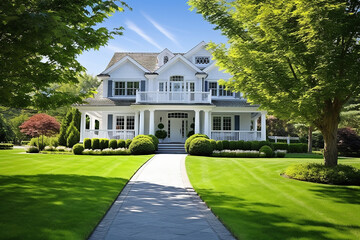 Beautiful Hampton Style Luxury White House Home Building with Garden on Sunny Day - obrazy, fototapety, plakaty