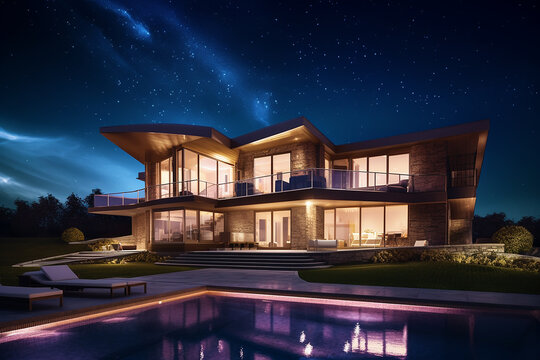 Luxurious Dream House Home with Modern Design and Swimming Pool under the Night Starlight