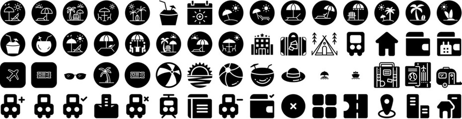 Set Of Vacation Icons Isolated Silhouette Solid Icon With Happy, Travel, Sea, Beach, Summer, Vacation, Holiday Infographic Simple Vector Illustration Logo