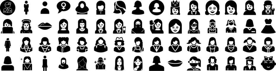 Set Of Female Icons Isolated Silhouette Solid Icon With Person, Beautiful, Female, Isolated, Woman, Young, Girl Infographic Simple Vector Illustration Logo