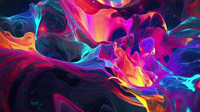 Neon abstract fluid flow motion digital video, Liquid art movement with vivid colors, creative fluid texture, layered paper material, business background for marketing purposes, psychedelic wave 