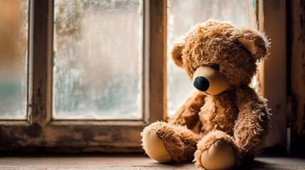 a well-loved teddy bear sitting sad in window. generative AI
