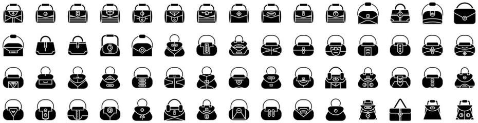 Set Of Purse Icons Isolated Silhouette Solid Icon With Style, Background, Woman, Handbag, Bag, Female, Purse Infographic Simple Vector Illustration Logo