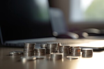 Stack of money coin with laptop computer open trading graph in the background, Business and Financial concept. Generative Ai.