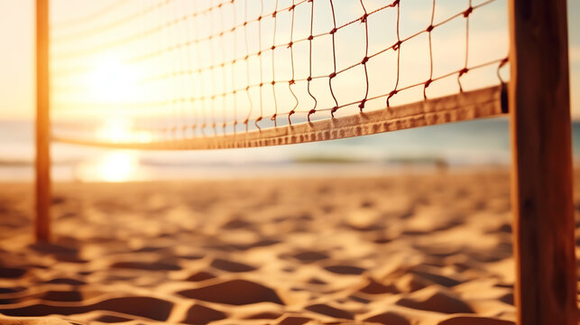 A detailed image of a volleyball and net on a sandy beach. generative AI