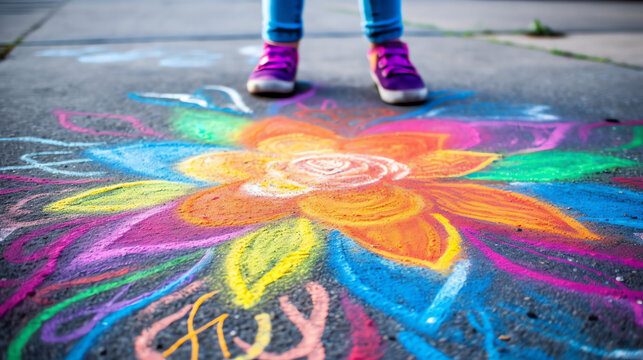 A dynamic image of a childs chalk artwork on a concrete. generative AI