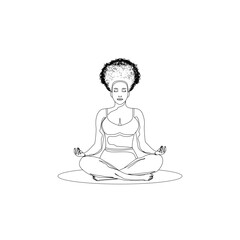 A girl in a lotus position in a black stroke on a white background.