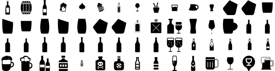 Set Of Alcohol Icons Isolated Silhouette Solid Icon With Alcoholic, Beverage, Background, Whiskey, Drink, Alcohol, Glass Infographic Simple Vector Illustration Logo