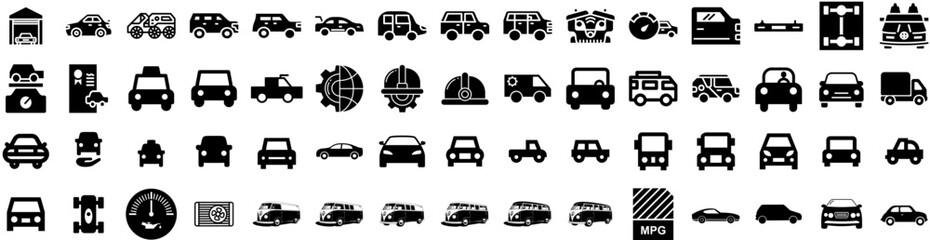 Set Of Automobile Icons Isolated Silhouette Solid Icon With Technology, Automobile, Automotive, Auto, Vehicle, Electric, Car Infographic Simple Vector Illustration Logo