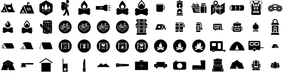 Set Of Camping Icons Isolated Silhouette Solid Icon With Camp, Outdoor, Travel, Adventure, Tent, Nature, Summer Infographic Simple Vector Illustration Logo