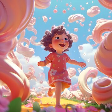 super cute colorful Celluloid style wave painting of a happy little girl with watery eyes in a abstract garden with beautiful skies, Beautiful illustrations, Ai Generative 