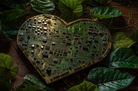 heart shaped green leaf with green color on the circuit board. Nature with Digital Convergence and Technological Convergence. Green Computing, Green Technology, Green IT, csr, Generative Ai