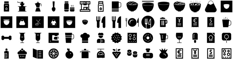 Set Of Restaurant Icons Isolated Silhouette Solid Icon With People, Cafe, Business, Table, Meal, Food, Restaurant Infographic Simple Vector Illustration Logo