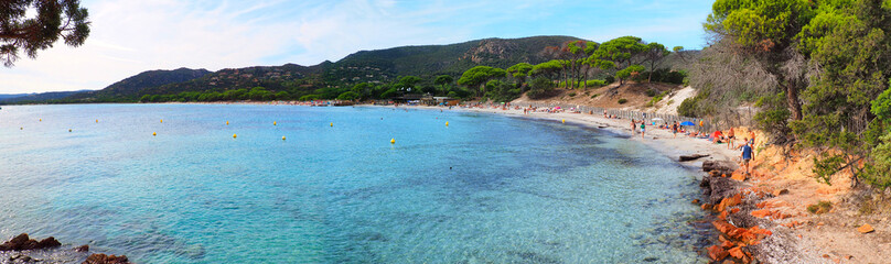 Panoramic view of the bay and Saint Cyprien beach near Porto-Vecchio, a famous port town dominated...