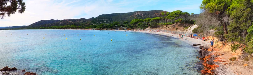 Papier Peint photo Plage de Palombaggia, Corse Panoramic view of the bay and Saint Cyprien beach near Porto-Vecchio, a famous port town dominated by its Genoese citadel, in Corsica (nicknamed the Island of Beauty)