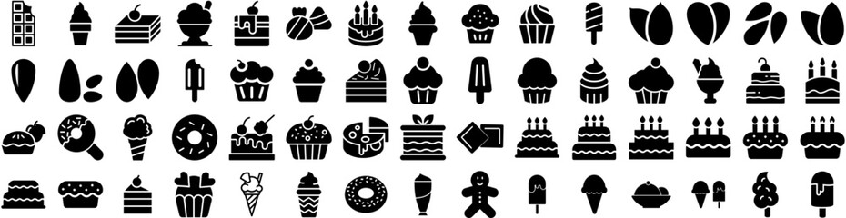 Set Of Dessert Icons Isolated Silhouette Solid Icon With Cake, Bakery, Dessert, Sweet, Delicious, Food, Pastry Infographic Simple Vector Illustration Logo