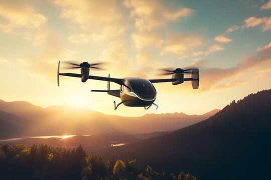 EVTOL Electric Vertical Take Off and Landing Aircraft Flying Through Beautiful Landscape At Dawn