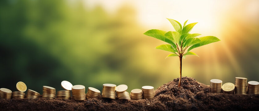 Investment growth background with small tree and stacks of coins