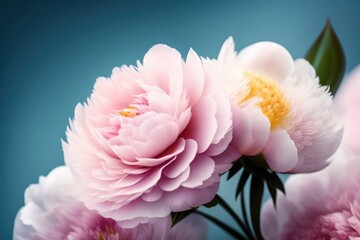 beautiful pink large flowers peonies on a blue background. AI generated.