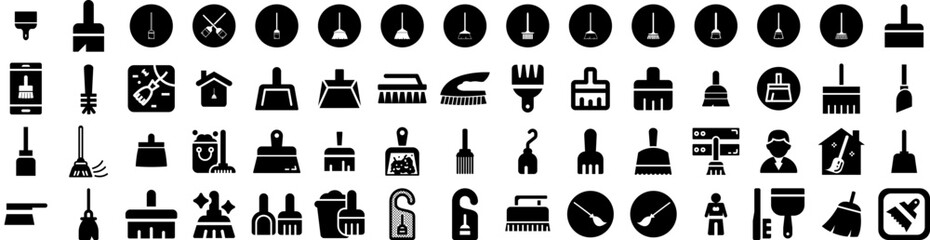 Set Of Broom Icons Isolated Silhouette Solid Icon With Object, Tool, Sweep, Brush, Isolated, Broom, Household Infographic Simple Vector Illustration Logo