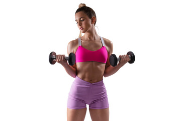 Fit young woman exercising with weights. Strong muscles, abs and arms. PNG file with transparent background.	
