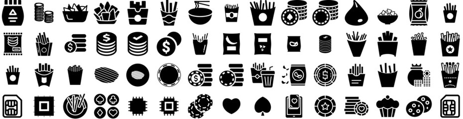 Set Of Chips Icons Isolated Silhouette Solid Icon With Background, Chips, Fried, Crispy, Food, Crunchy, Chip Infographic Simple Vector Illustration Logo