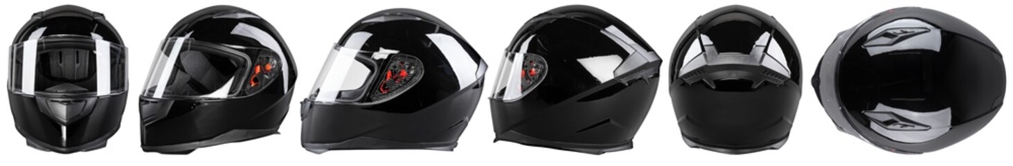 set collection of black motorcycle carbon integral crash helmet isolated in various angles white background. motorsport car kart racing transportation safety concept