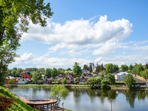 cityscape of Sergiev Posad town with Kelar pond on sunny May day