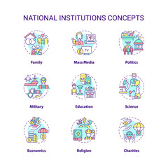 Social institutions concept icons set. Norms and values. Social organizations idea thin line color illustrations. Isolated symbols. Editable stroke. Roboto-Medium, Myriad Pro-Bold fonts used