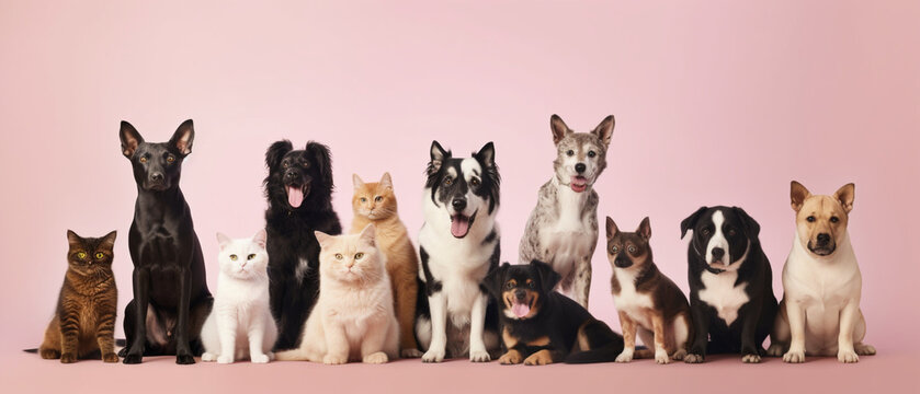 Large group of cats and dogs looking at the camera with pastel background  copy space on left