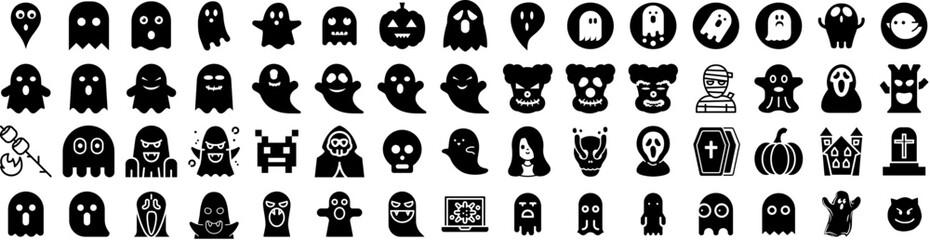 Set Of Ghost Icons Isolated Silhouette Solid Icon With White, Spooky, Fear, Horror, Ghost, Halloween, Scary Infographic Simple Vector Illustration Logo