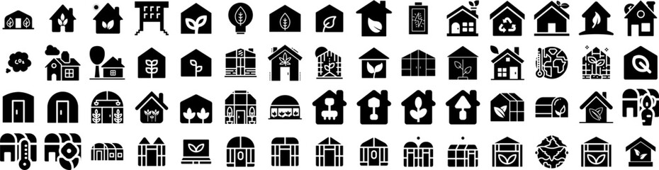 Set Of Greenhouse Icons Isolated Silhouette Solid Icon With Green, Gardening, Plant, Nature, Industry, Agriculture, Greenhouse Infographic Simple Vector Illustration Logo