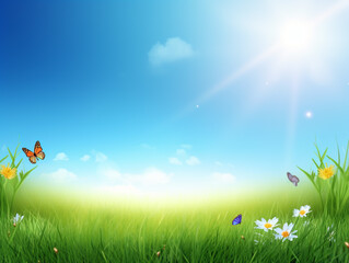 Fototapeta premium Nature spring background with blue sky and sunlight