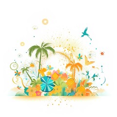 Fototapeta na wymiar Summer time vector banner design, colorful beach elements in white background.