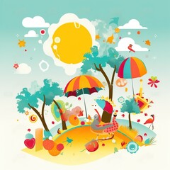 Fototapeta premium Summer time vector banner design, colorful beach elements in white background.