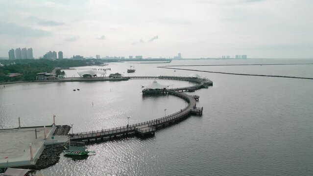 Aerial view of Atlantis Water Adventure and Le Bridge Ancol, Ancol Bay City, Ancol Dreamland. backlight view