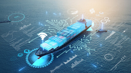 AI technology. Global Logistics international delivery concept, World map logistic and supply chain network distribution container Ship running for export import to customs cean concept technology - obrazy, fototapety, plakaty