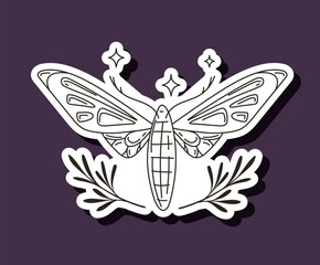 Alchemy butterfly sticker. Line icon for website. Hand holds sphere with eye. Fortune teller with equipment for predicting future. Linear flat vector illustration isolated on violet background