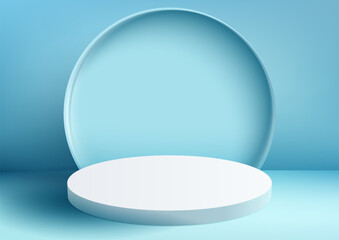 3D realistic modern minimal style empty white podium stand with blue circle backdrop on blue background