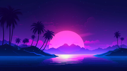 Fototapeta na wymiar Night beach background with violet neon glow and moon