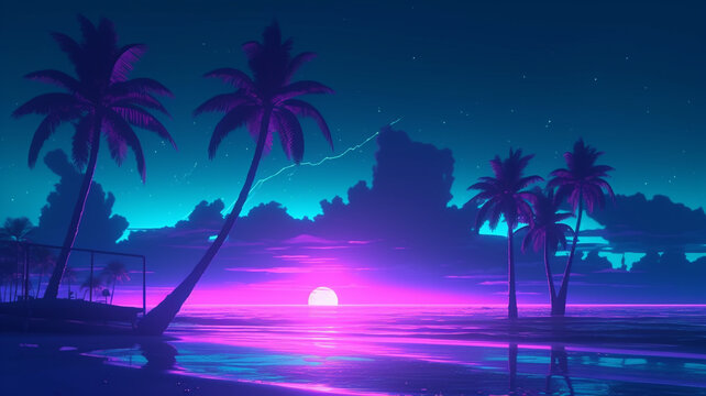 Night beach background with violet neon glow and moon