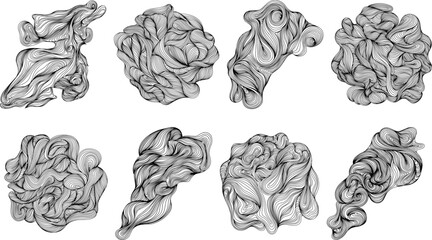 Abstract tree rings set. Topographic map concept collection. Thin black lines on white.