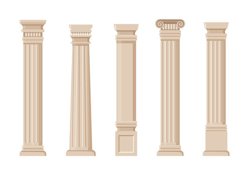 Ancient columns set. Marble structures, old Greece architecture. Archeology and paleontology, history. Luxurious and beautiful building. Cartoon flat vector collection isolated on white background