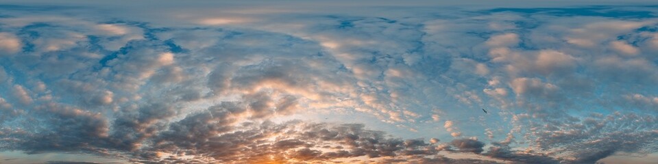 Sunset sky panorama with bright glowing pink Cumulus clouds. HDR 360 seamless spherical panorama. Full zenith or sky dome for 3D visualization, sky replacement for aerial drone panoramas.