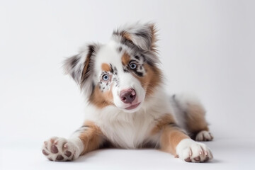 Funny studio portrait of the smilling puppy dog Australian Shepherd lying on the white background giving a paw and begging