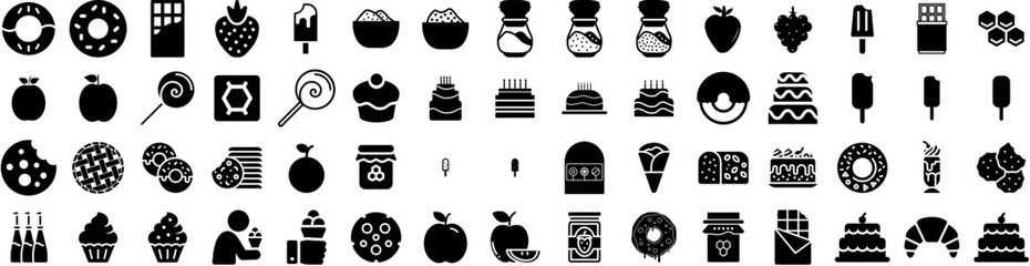 Set Of Sweet Icons Isolated Silhouette Solid Icon With Snack, Food, Dessert, Candy, Background, Isolated, Sweet Infographic Simple Vector Illustration Logo