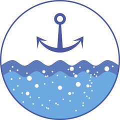 Blue round nautical seal with waves and anchor