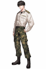 Obraz premium 軍人(軍服)の男性キャラクターの全身イラスト(AI generated image)
