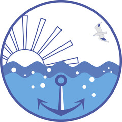 Rising sun over ocean waves and flying seagull