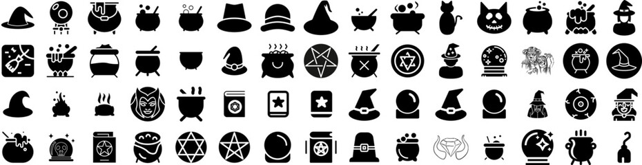 Set Of Witch Icons Isolated Silhouette Solid Icon With Black, Witch, Holiday, Hat, Scary, Magic, Halloween Infographic Simple Vector Illustration Logo